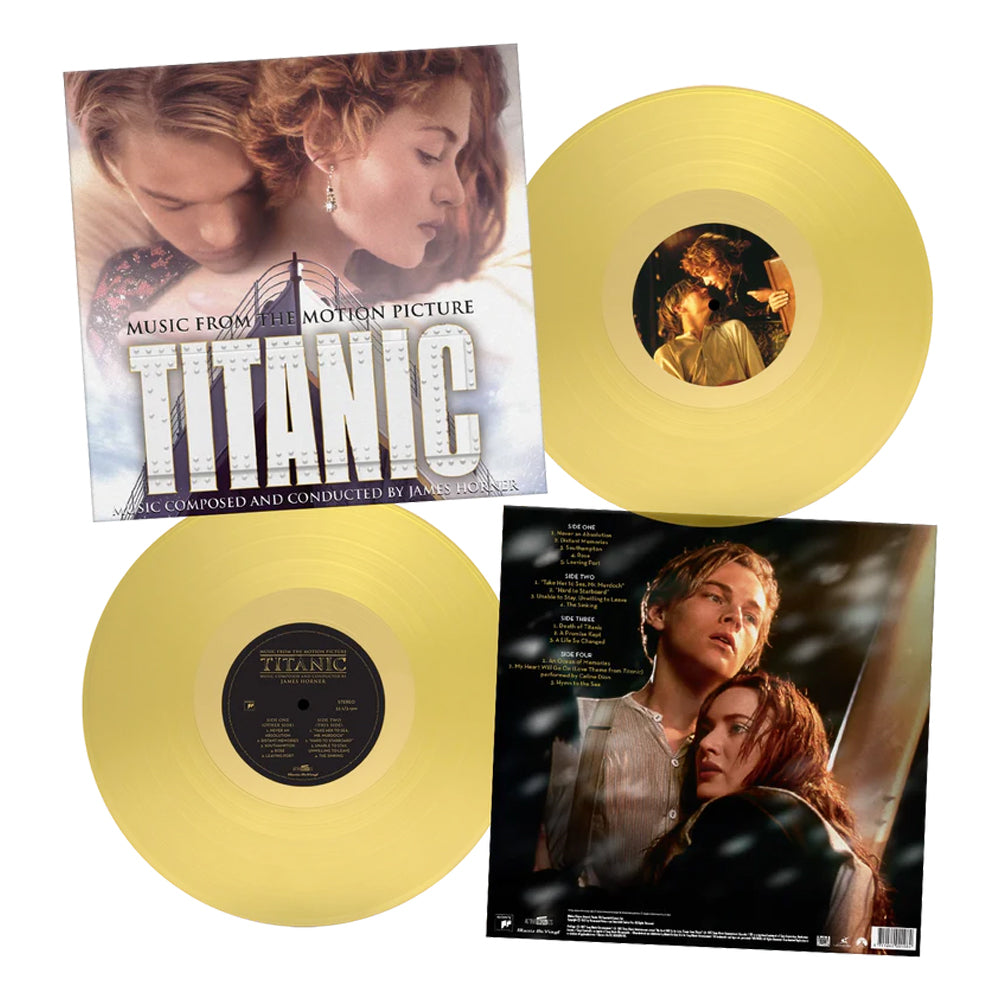 Vinyl records and cover from the movie 'Titanic' with yellow disc and romantic scene images.