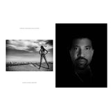 Black and white portrait of a person with a cityscape background