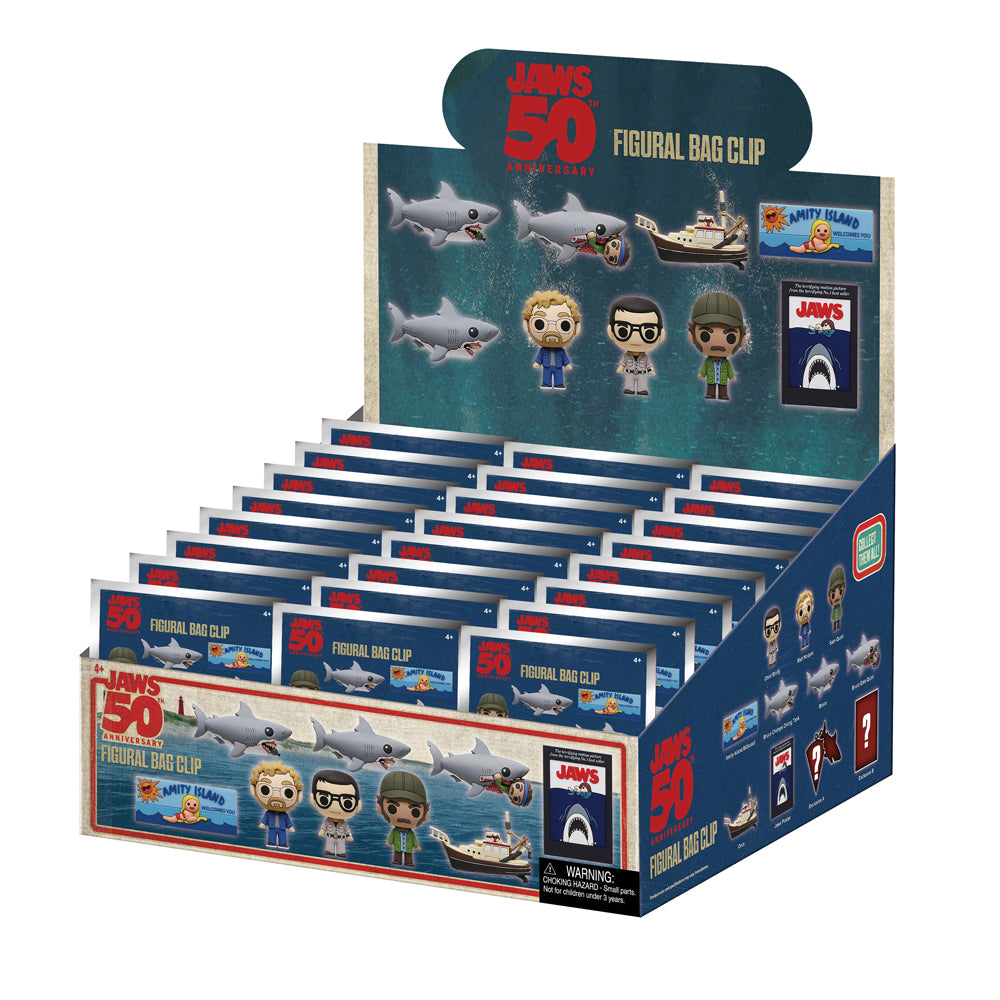 Display box of 'Jaws' themed figurine bag clips with character illustrations on a white background.
