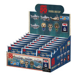 Display box of 'Jaws' themed figurine bag clips with character illustrations on a white background.