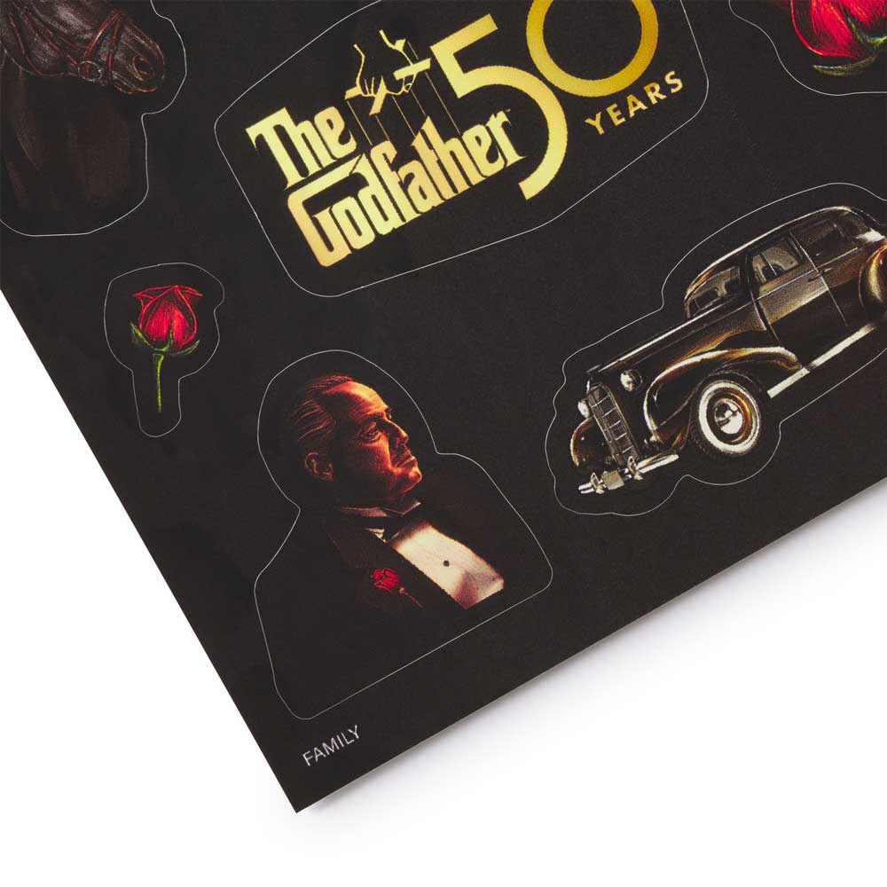 Product packaging for 'The Godfather' with movie title and car illustration on a black background.