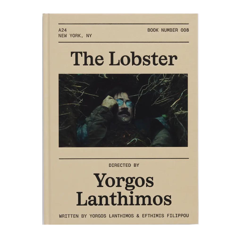 Book cover of 'The Lobster' with a dark image of a person and text about the director and writer.