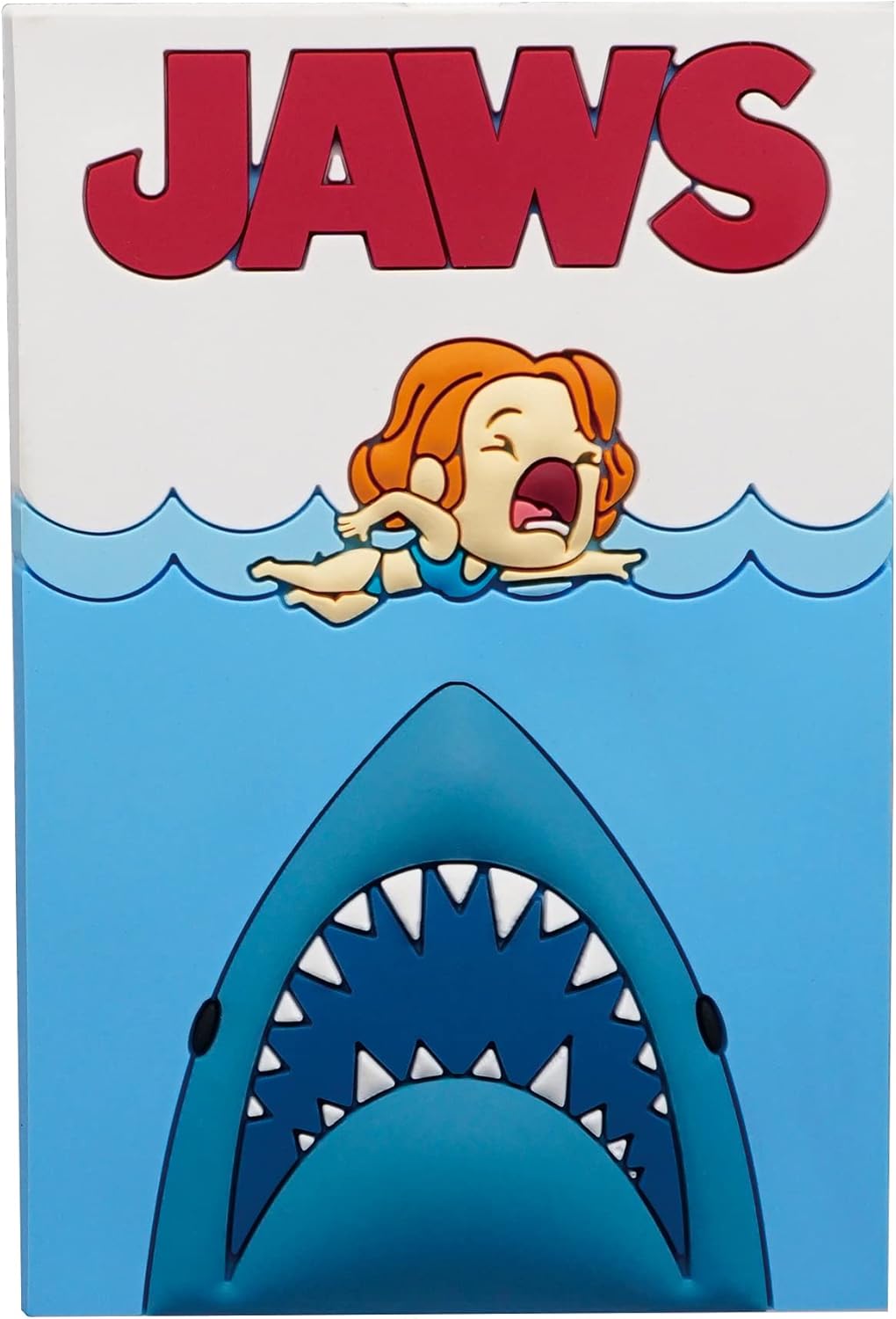 Cartoon-style depiction of a shark attacking a person with 'JAWS' text at the top.