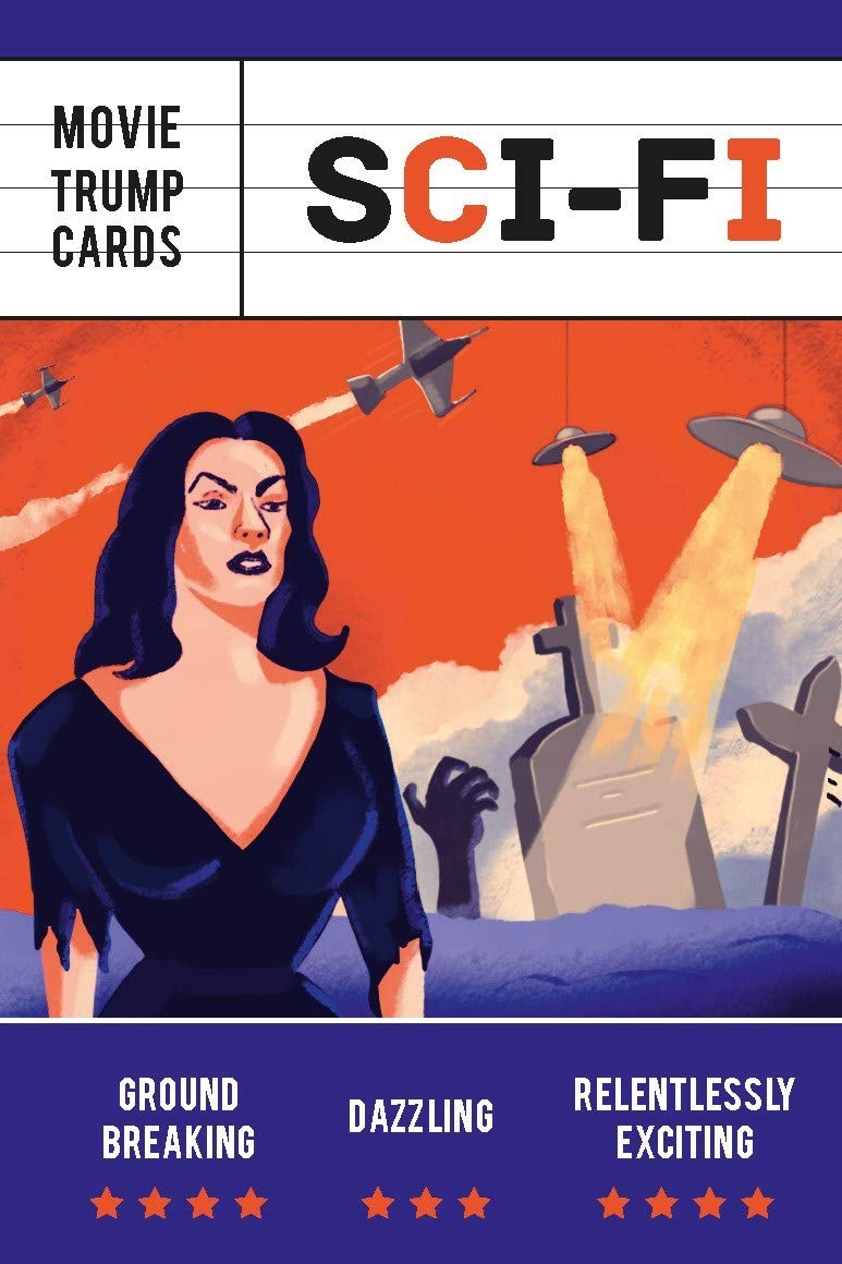 Sci-Fi movie card with a woman in a blue dress and UFOs in the background. Dive into the ultimate sci-fi showdown with 32 trump cards! Compare classic films like Avatar and The Matrix in this engaging game. Get yours now!