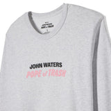 Gray sweatshirt with 'John Waters Pope of Trash' text on a white background Adult mens sweatshirt womens sweatshirt featuring John Waters