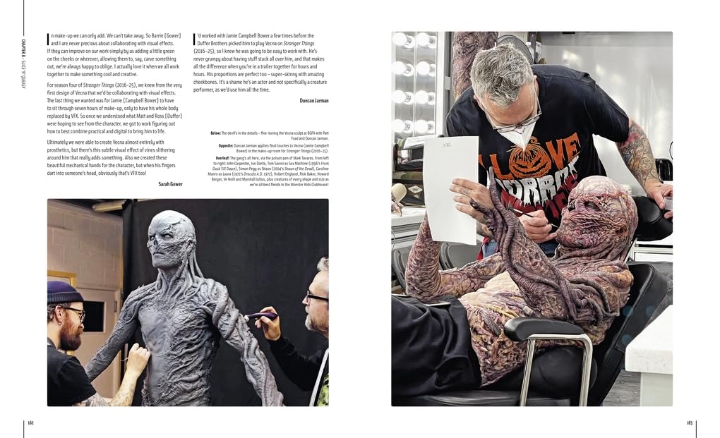 Two images showing a person in a costume being adjusted by another person, with text on the left.