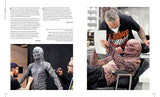 Two images showing a person in a costume being adjusted by another person, with text on the left.