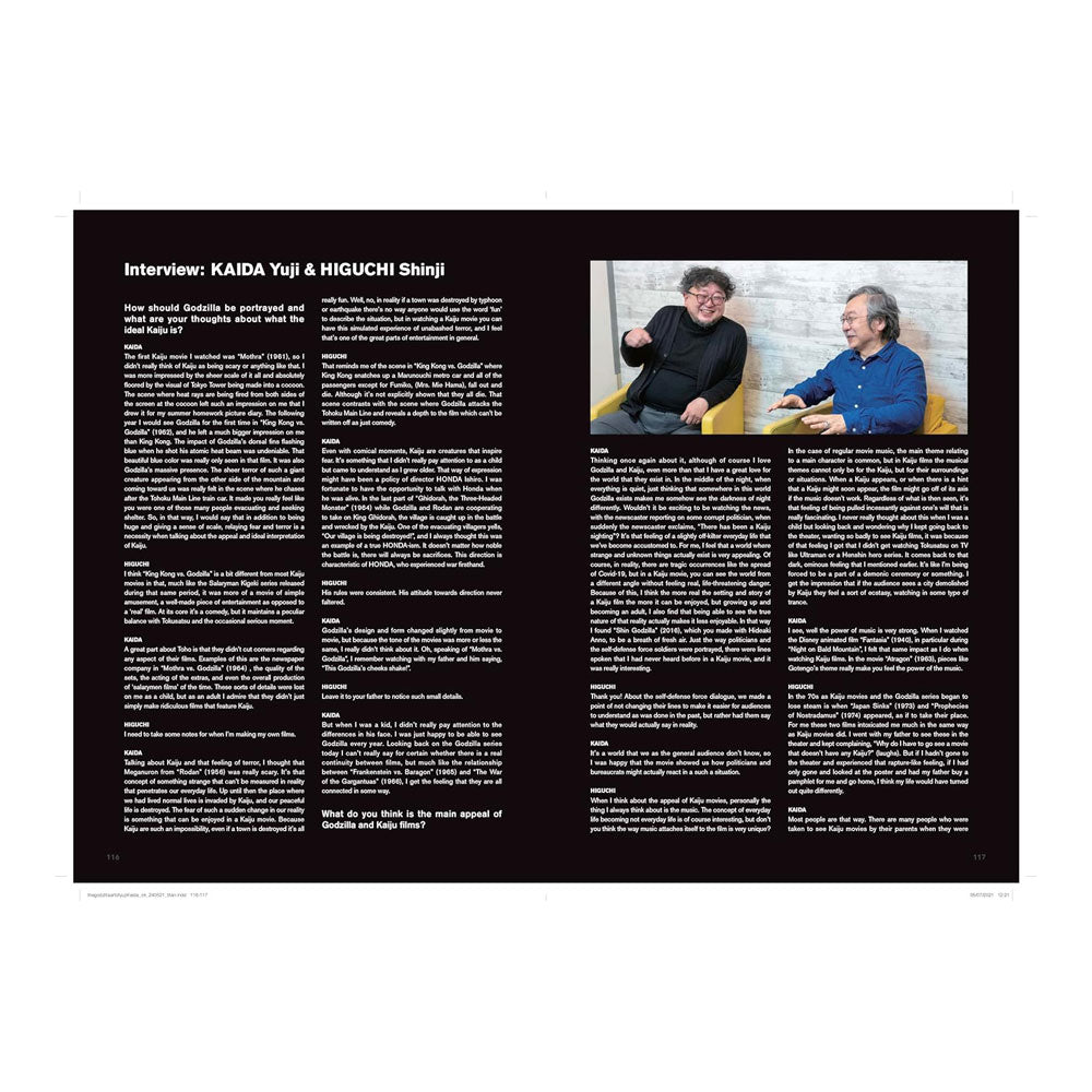 Magazine layout with interview text on the left and two people sitting together on the right.