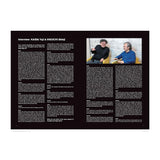 Magazine layout with interview text on the left and two people sitting together on the right.