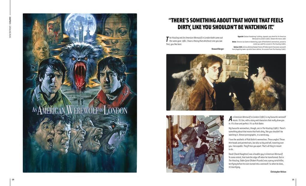 Movie poster for 'An American Werewolf in London' with text on a magazine page.