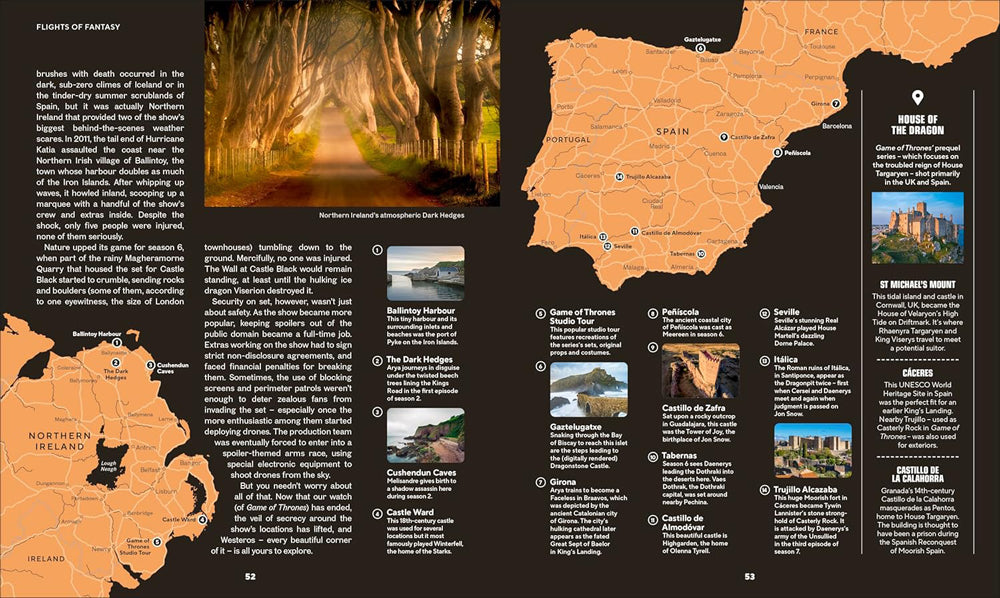 Map of Ireland with travel information and scenic images on a dark background