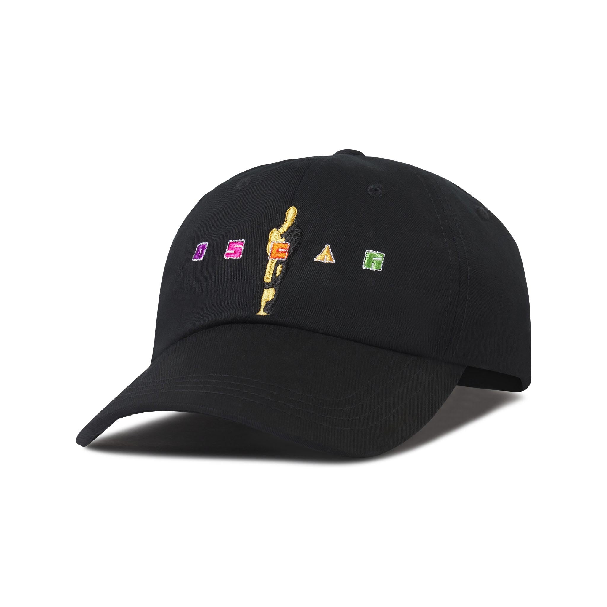 A black unstructured cap with a design featuring a golden statue and colorful squares on the front. Men's Women's Adult Unisex Size hat