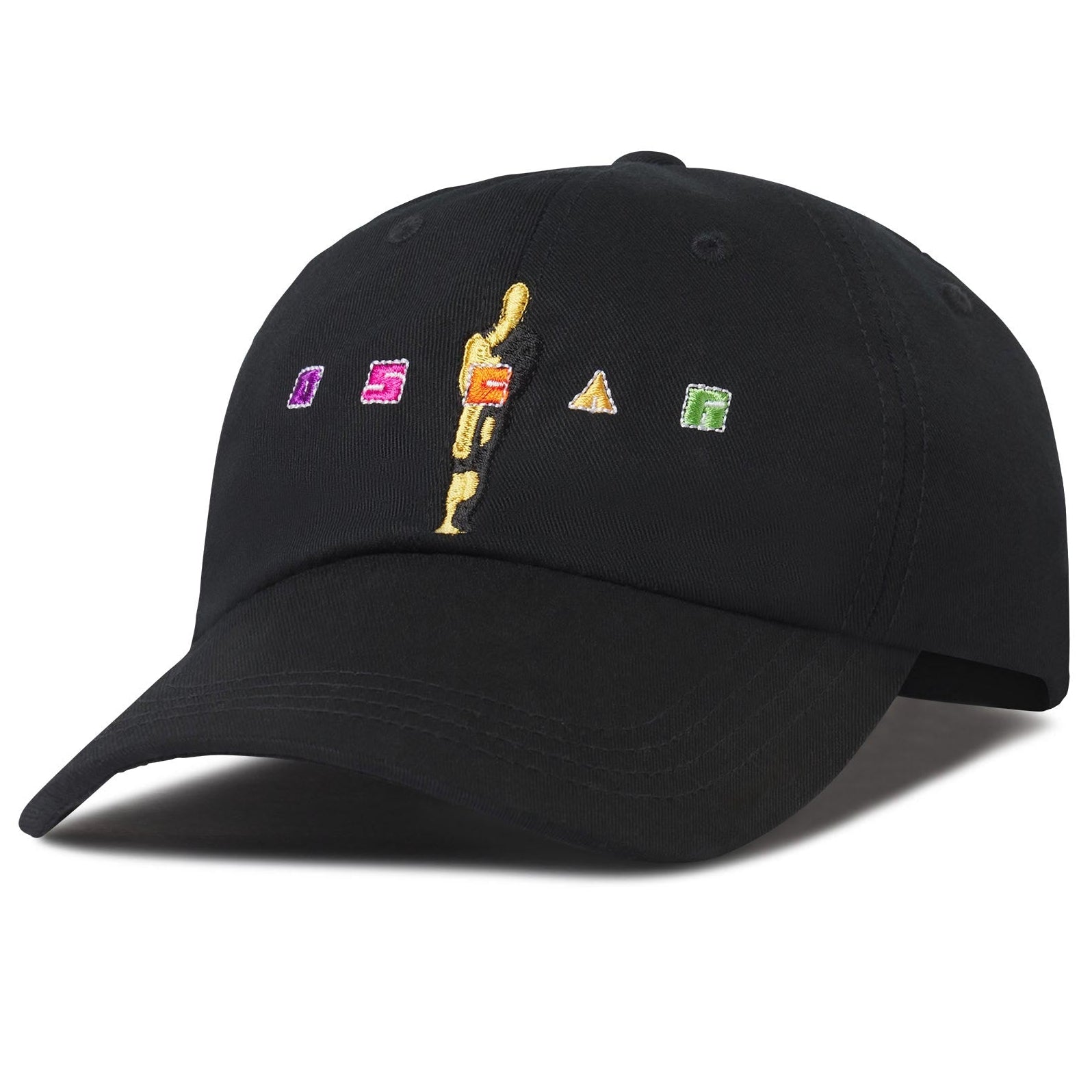 A black unstructured cap with a design featuring a golden statue and colorful squares on the front. Men's Women's Adult Unisex Size hat