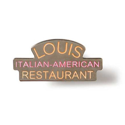 Restaurant sign for 'Louis Italian-American Restaurant' on a white collector lapel pin for the 50th anniversary of The Godfather movie background