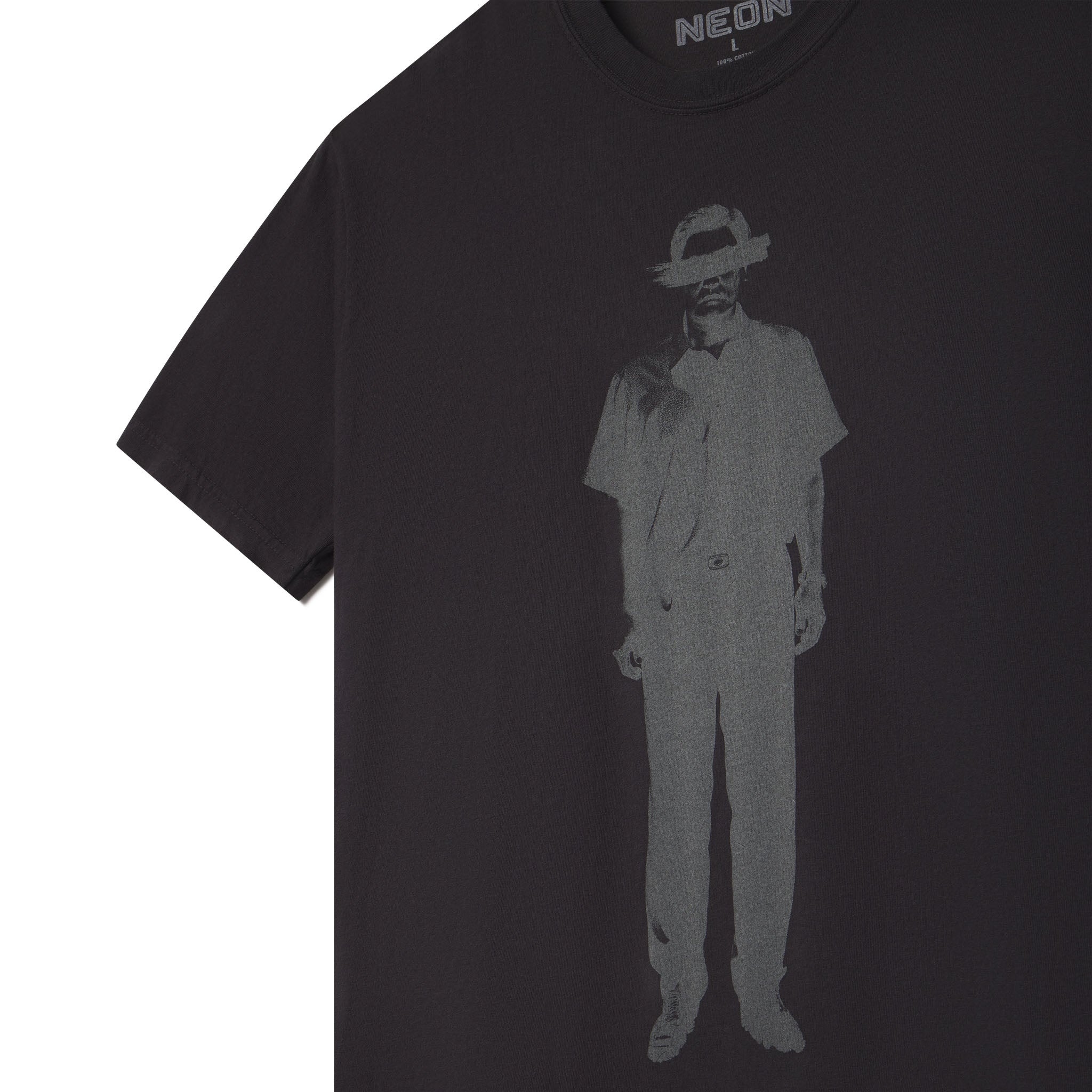 Black t-shirt with a graphic of a person wearing a hat on a white background