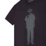 Black t-shirt with a graphic of a person wearing a hat on a white background