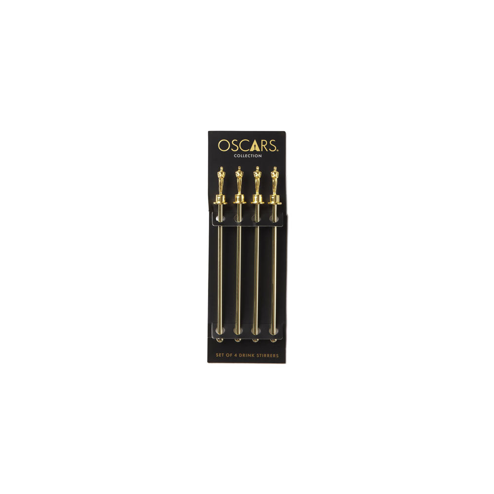 Set of gold Oscar-themed party metal drink stirrers in packaging with 'Oscars' branding on a white background.