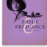 Promotional poster for 'Pride & Prejudice' with a woman in a hat and a man in the distance on a purple background.