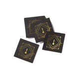 Four black coasters with gold geometric designs and a central emblem Oscar Statue Academy awards logo on a white background