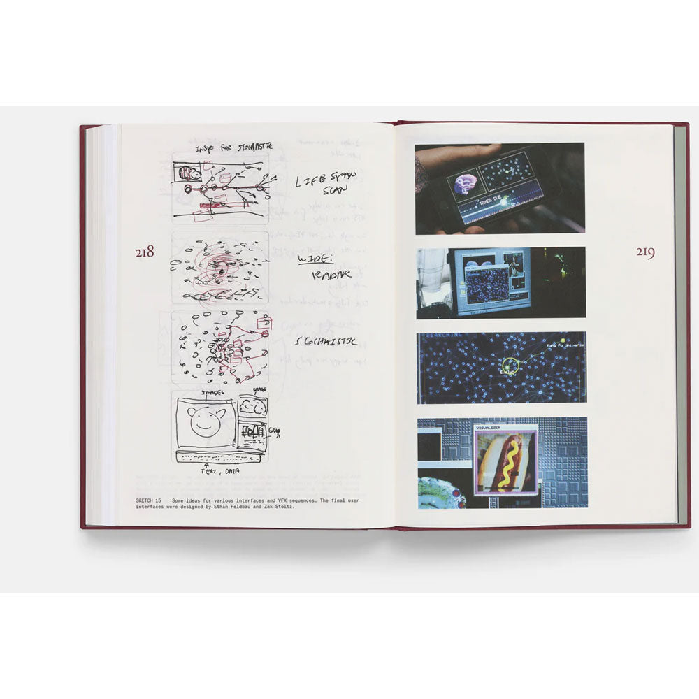 Open book with technical drawings and images on a white background from the movie Everything Everywhere All at Once