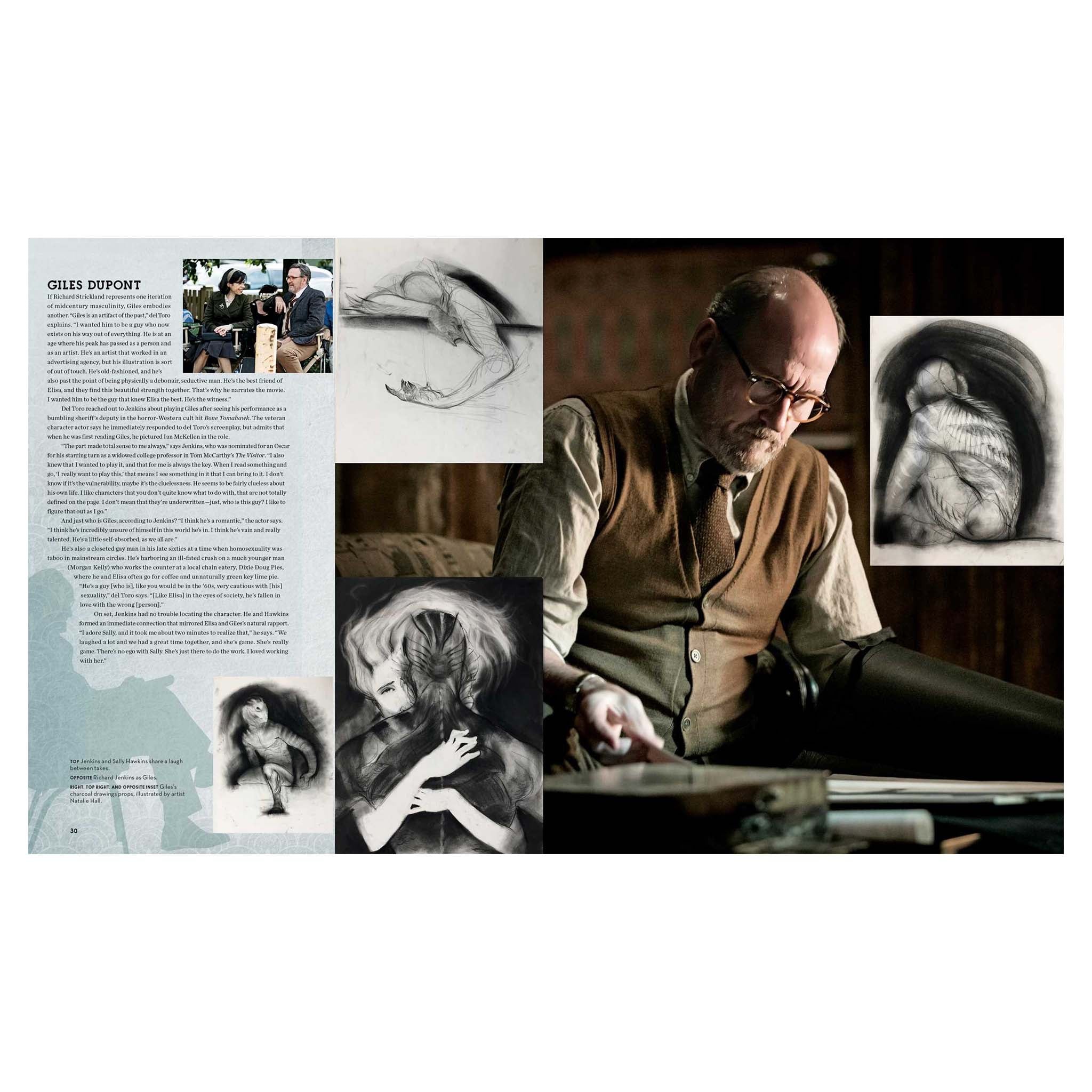 Collage of a man working at a desk with artistic sketches and text on a white background