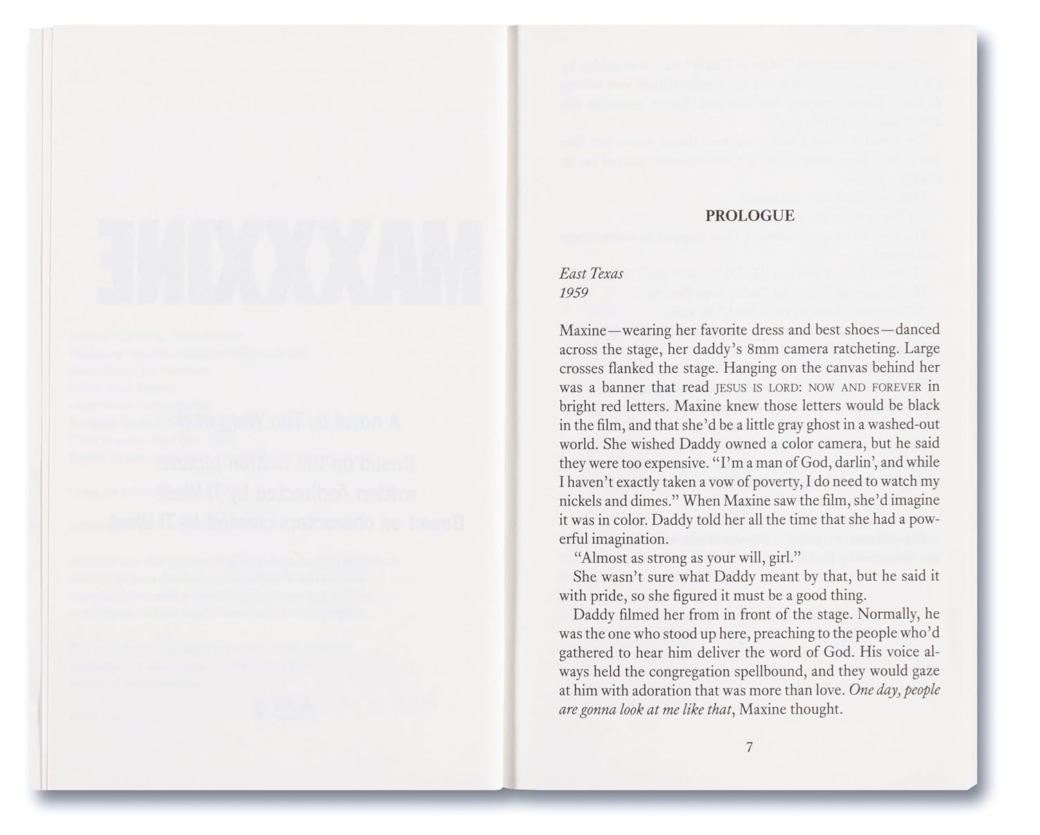 Open book showing a prologue with text on a white background. Dive into MaXXXine: The Novel, where Maxine Minx battles a killer in 1980s Hollywood. Experience the horror and glamour in this gripping adaptation by Tim Waggoner.