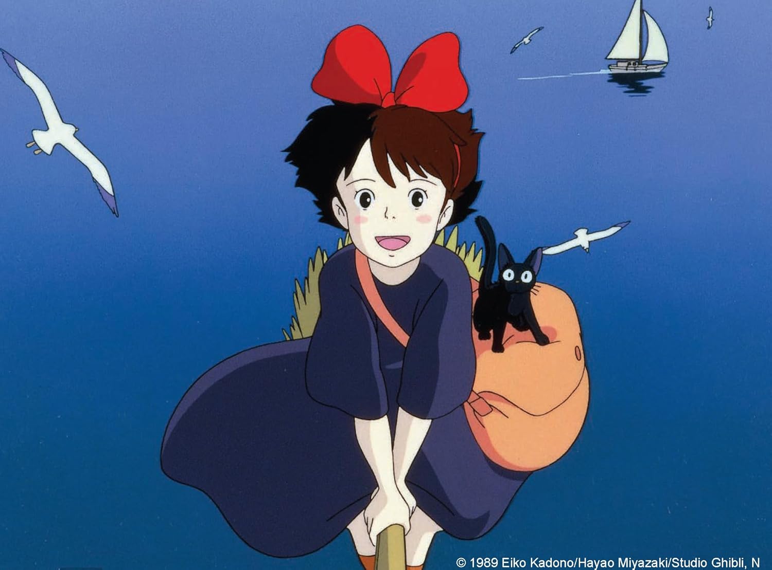 Animated character with a red bow and black cat on a blue background Discover the magic of Studio Ghibli with Kiki's Delivery Service: 30 beautifully hand-drawn postcards celebrating Miyazaki's enchanting artistry.