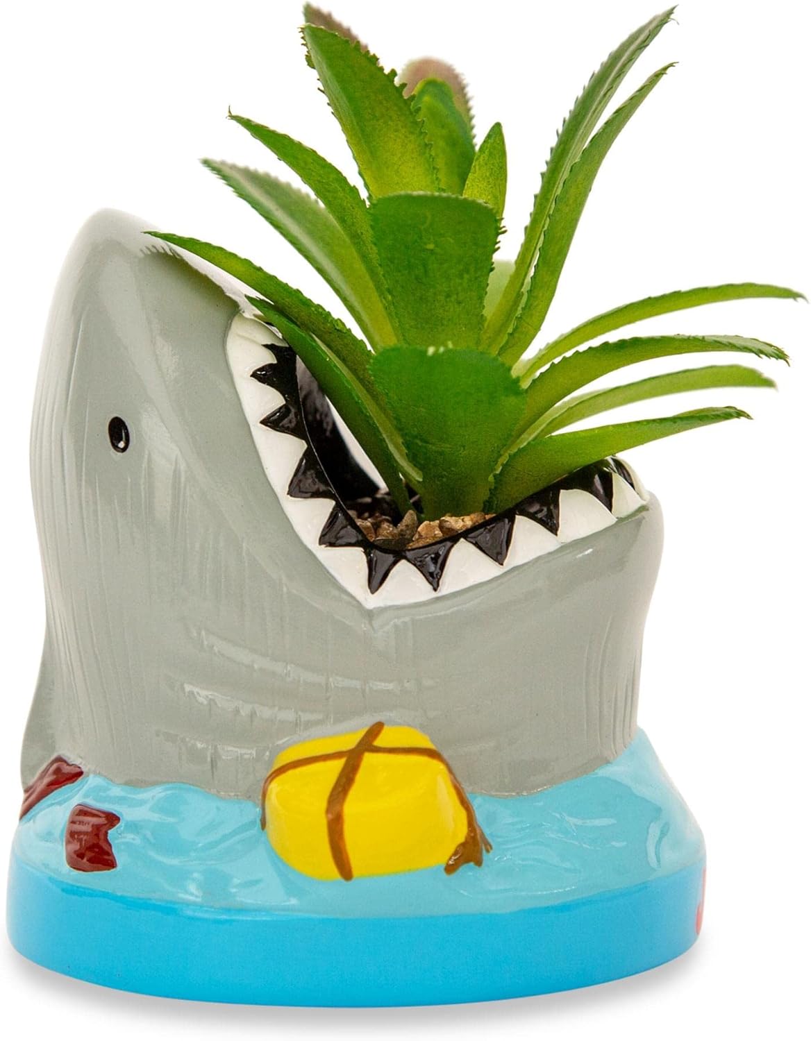 Shark-shaped planter with a plant inside on a white background