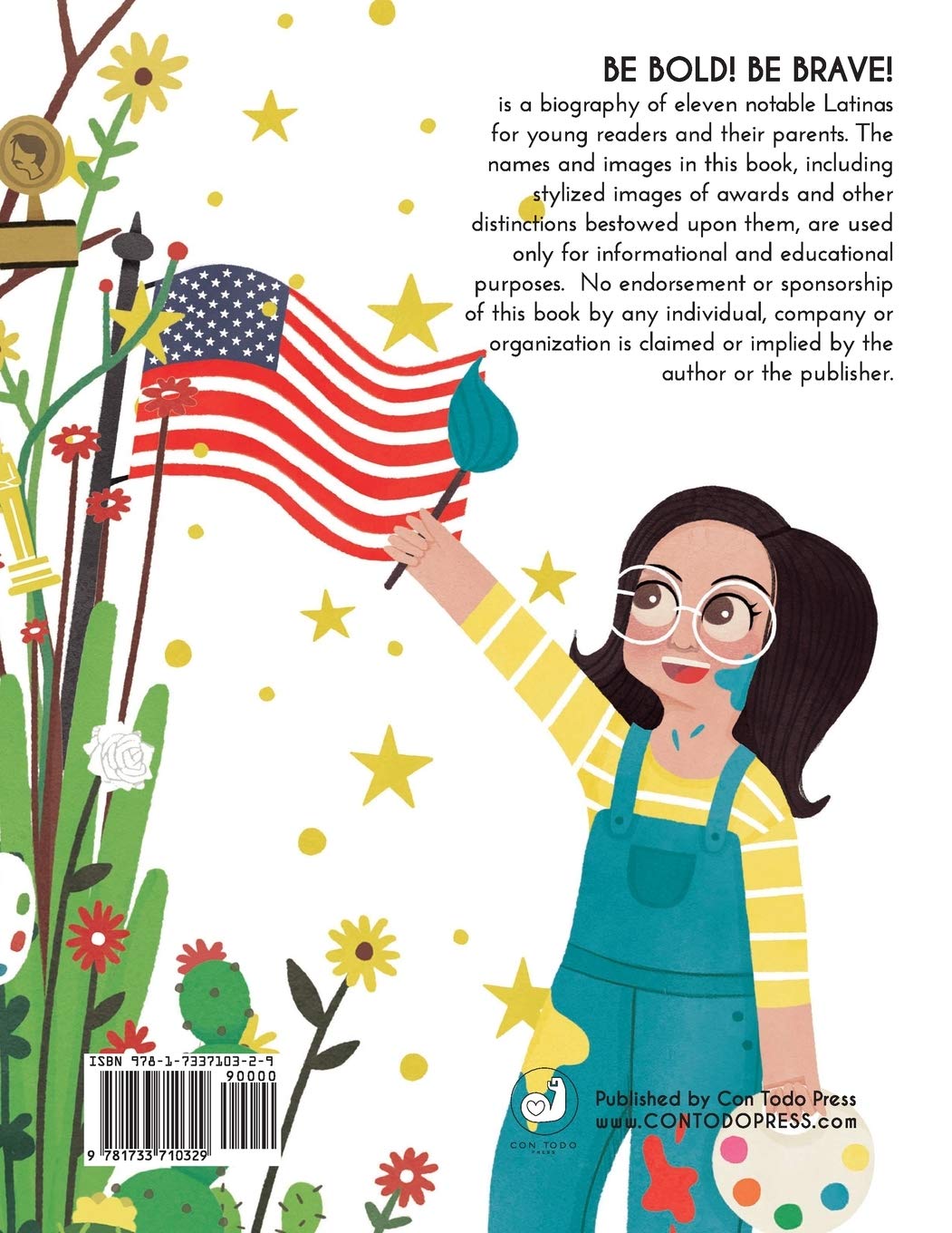 Bookback with illustration of a girl holding an American flag, surrounded by flowers and stars, with text about the book's purpose.