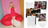 Woman in a red dress standing next to a large red lip-shaped chair, with a magazine layout featuring photos and text on the right.