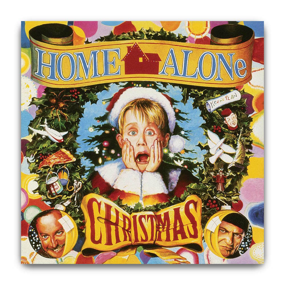 Album cover for 'Home Alone Christmas' with a child in a Santa hat surrounded by Christmas decorations and faces.