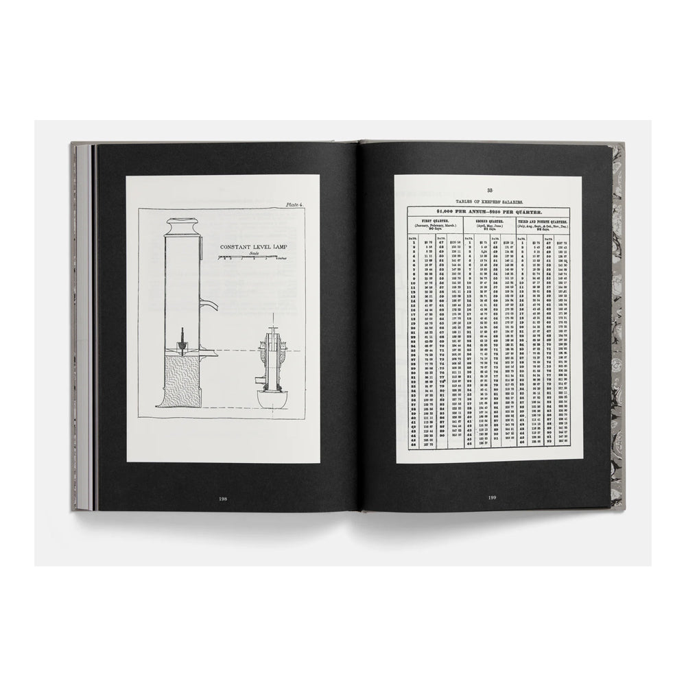 Open book displaying technical drawings and tables on a white background