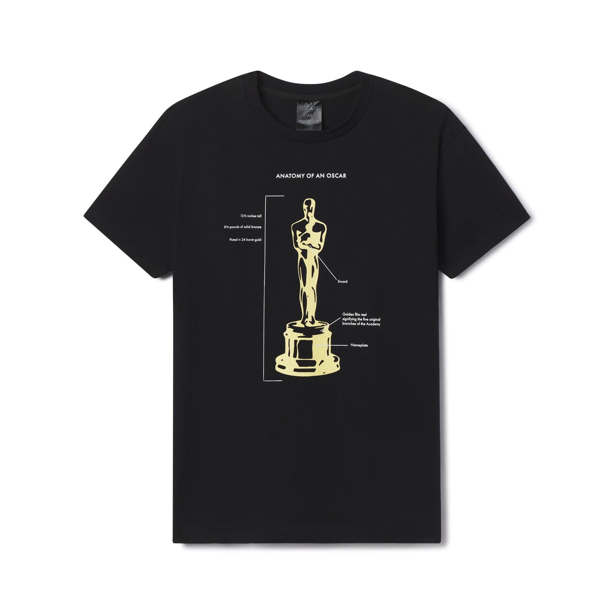 Black t-shirt with gold graphic of an Oscar statue and text on a white background Anatomy of an Oscar Academy Awards Adult tshirt for men and women