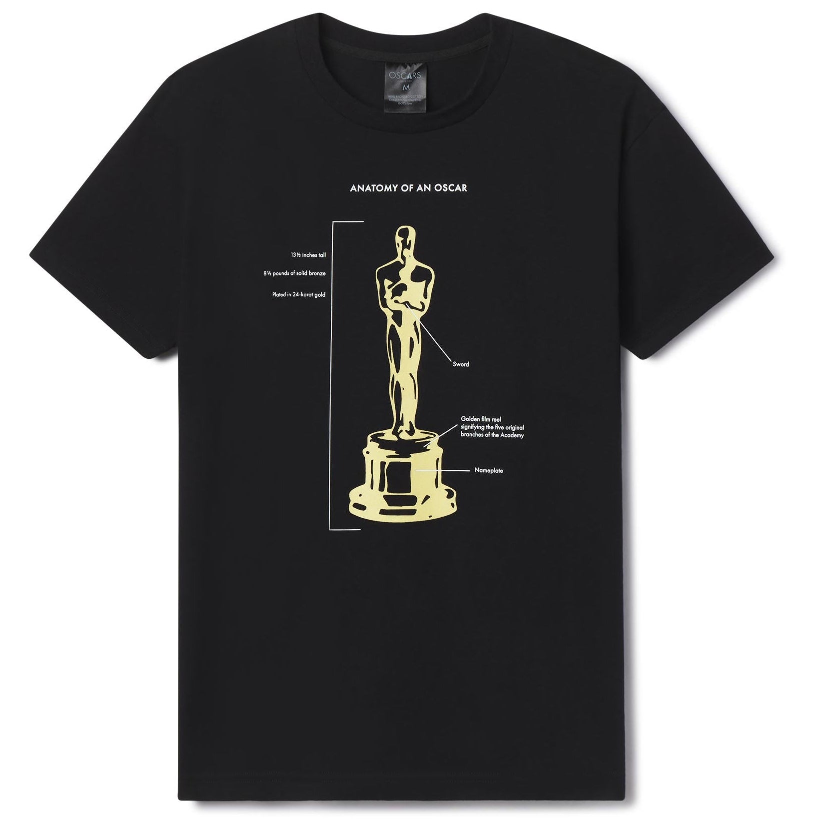 Black t-shirt with gold graphic of an Oscar statue and text on a white background Anatomy of an Oscar Academy Awards Adult tshirt for men and women