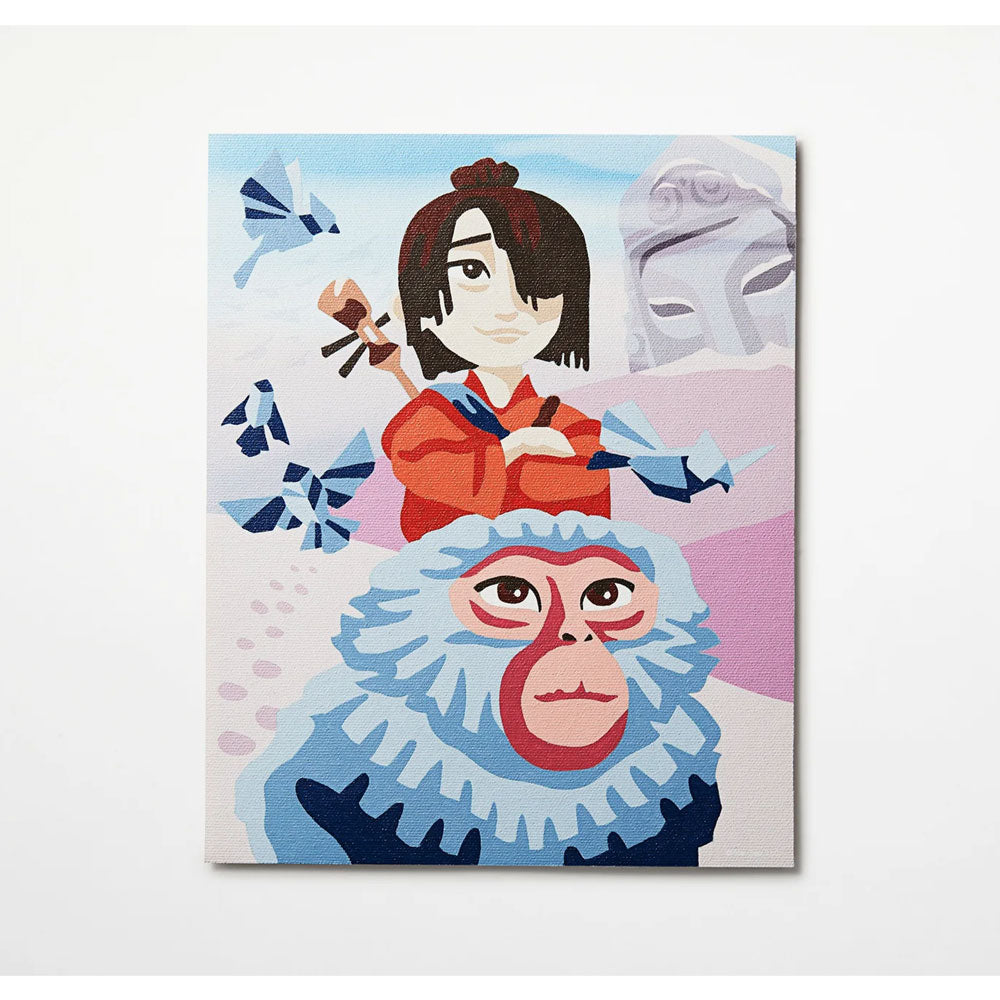 Canvas print with a stylized illustration of a character in traditional attire and a monkey mask on a light gray background.