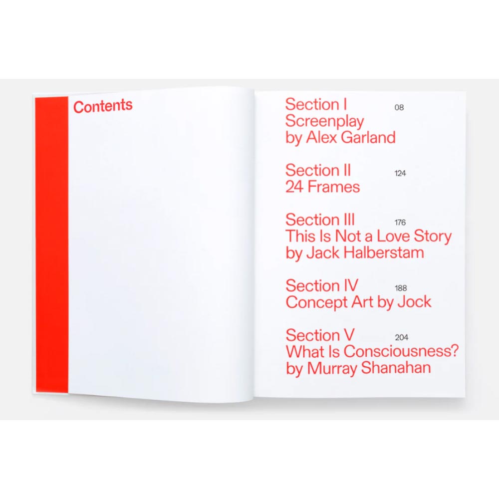 Open book showing a table of contents with red text on white pages.