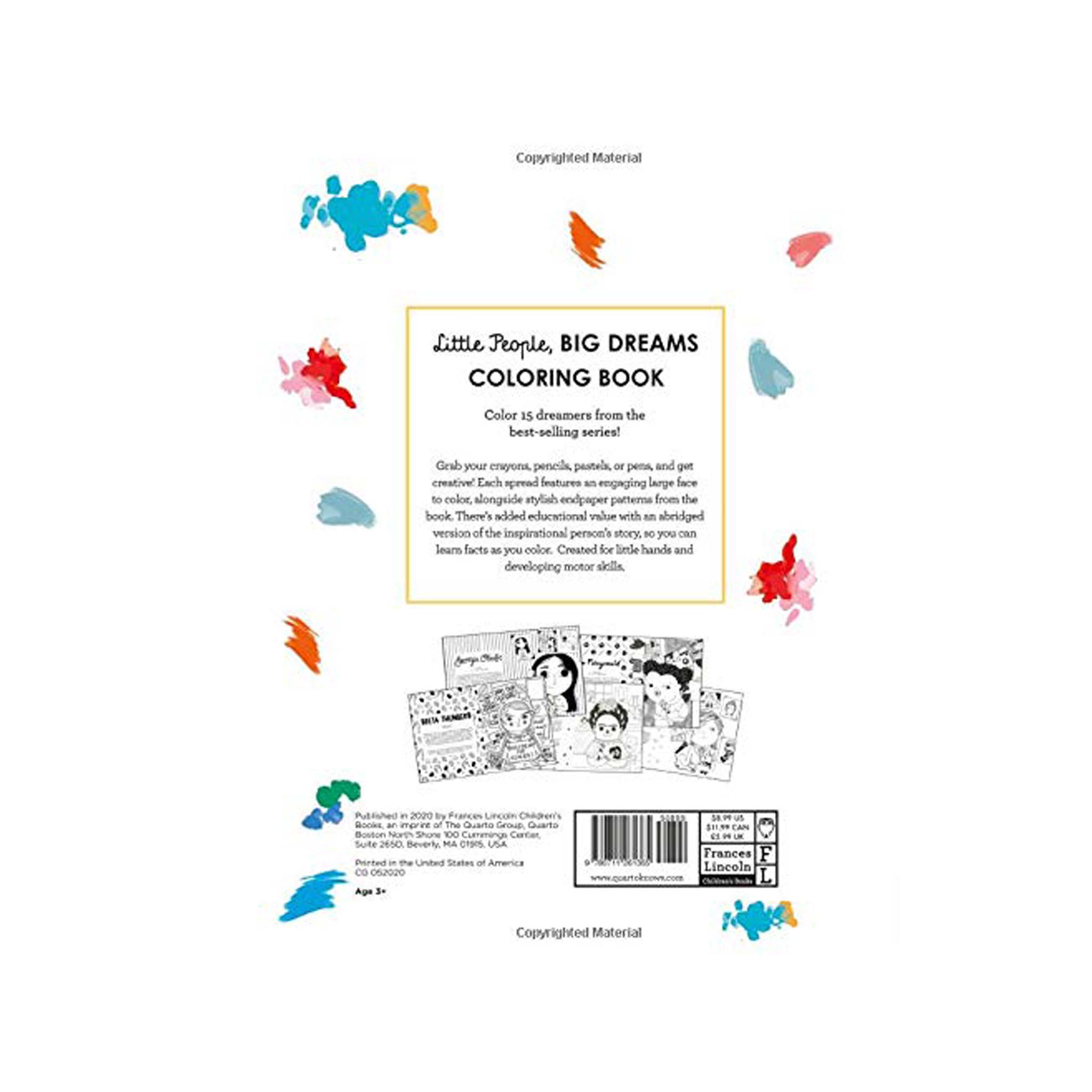 Back cover of a coloring book with text and illustrations on a white background