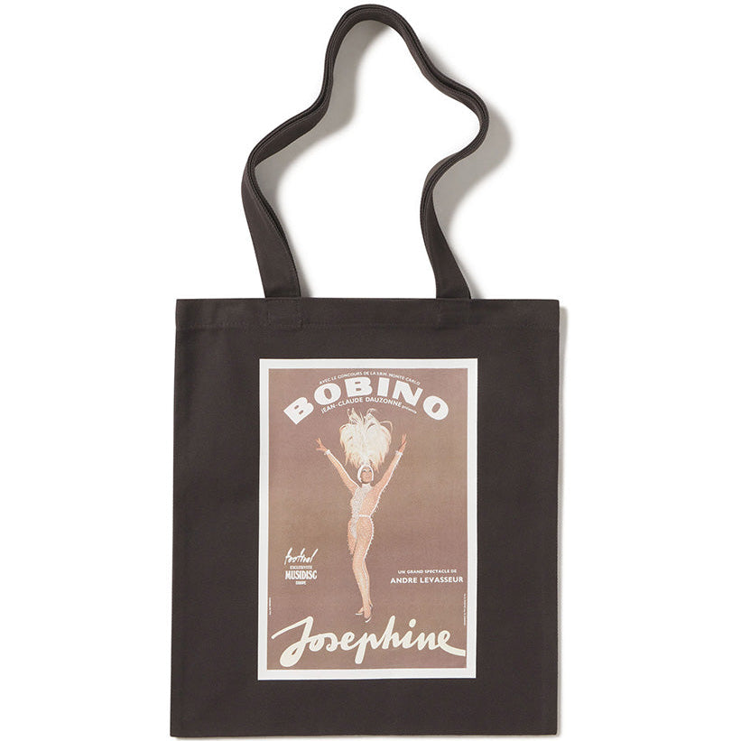 Tote bag with a graphic design of a dancer and text on a white background dancer is Josephine Baker in her Bobino costume.