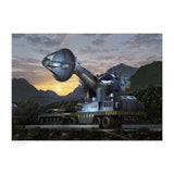 Science fiction vehicle on a mountain road with a sunset in the background