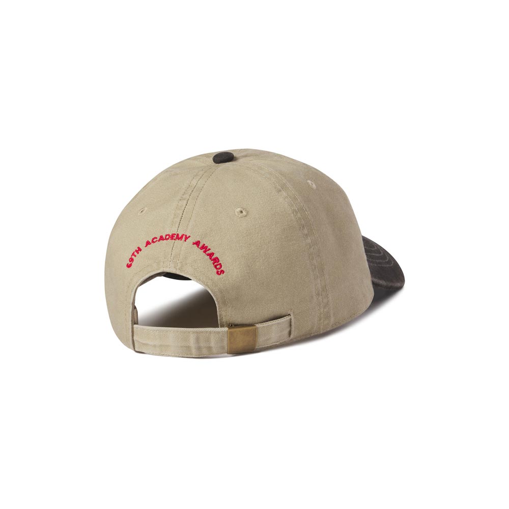 Beige cap with red text Academy Awards on a white background