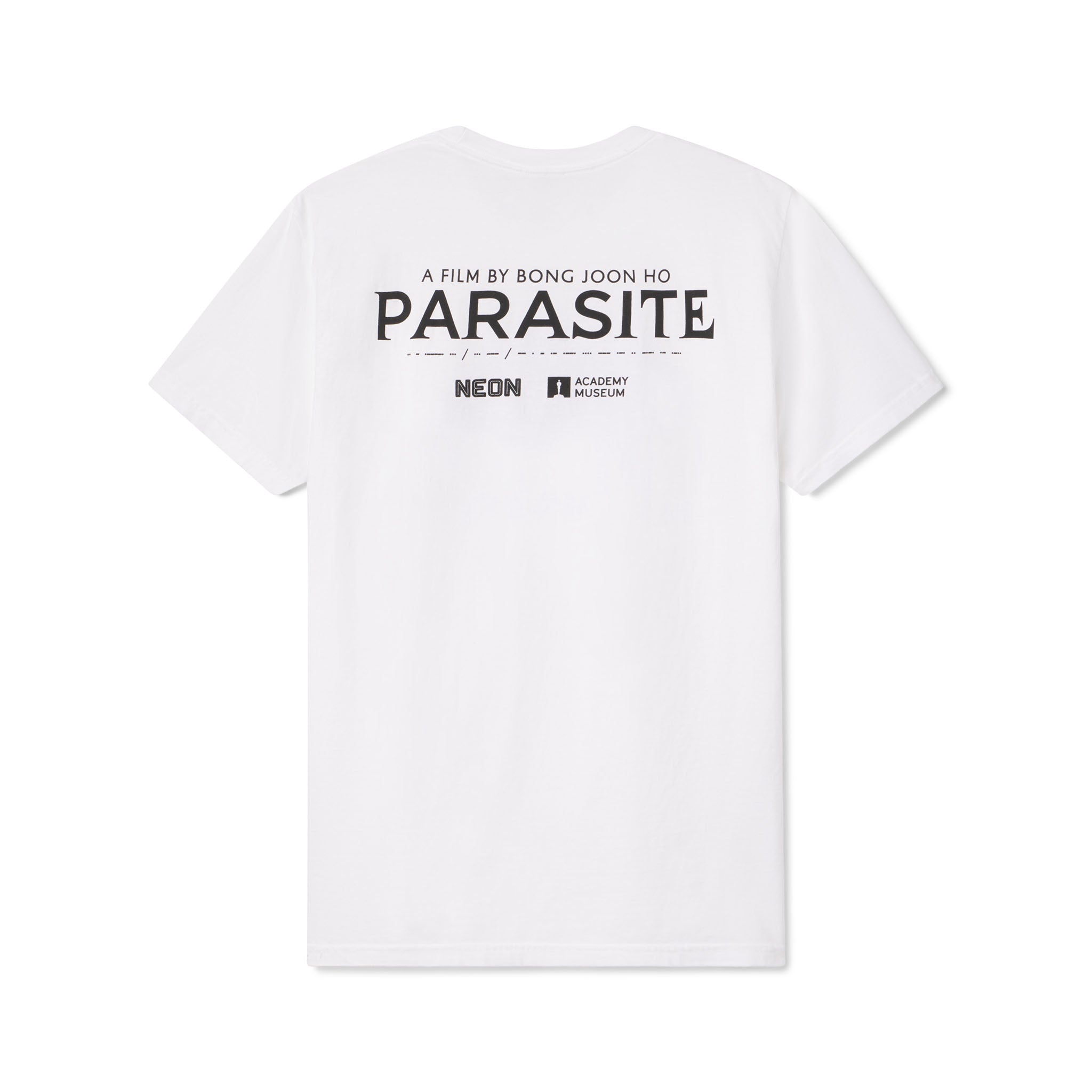 White t-shirt with 'Parasite' movie text on the back against a white Oscar winning movie PARASITE by NEON and Academy Award winning Director Bong Joon Ho background