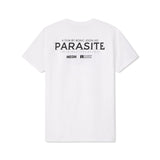 White t-shirt with 'Parasite' movie text on the back against a white Oscar winning movie PARASITE by NEON and Academy Award winning Director Bong Joon Ho background