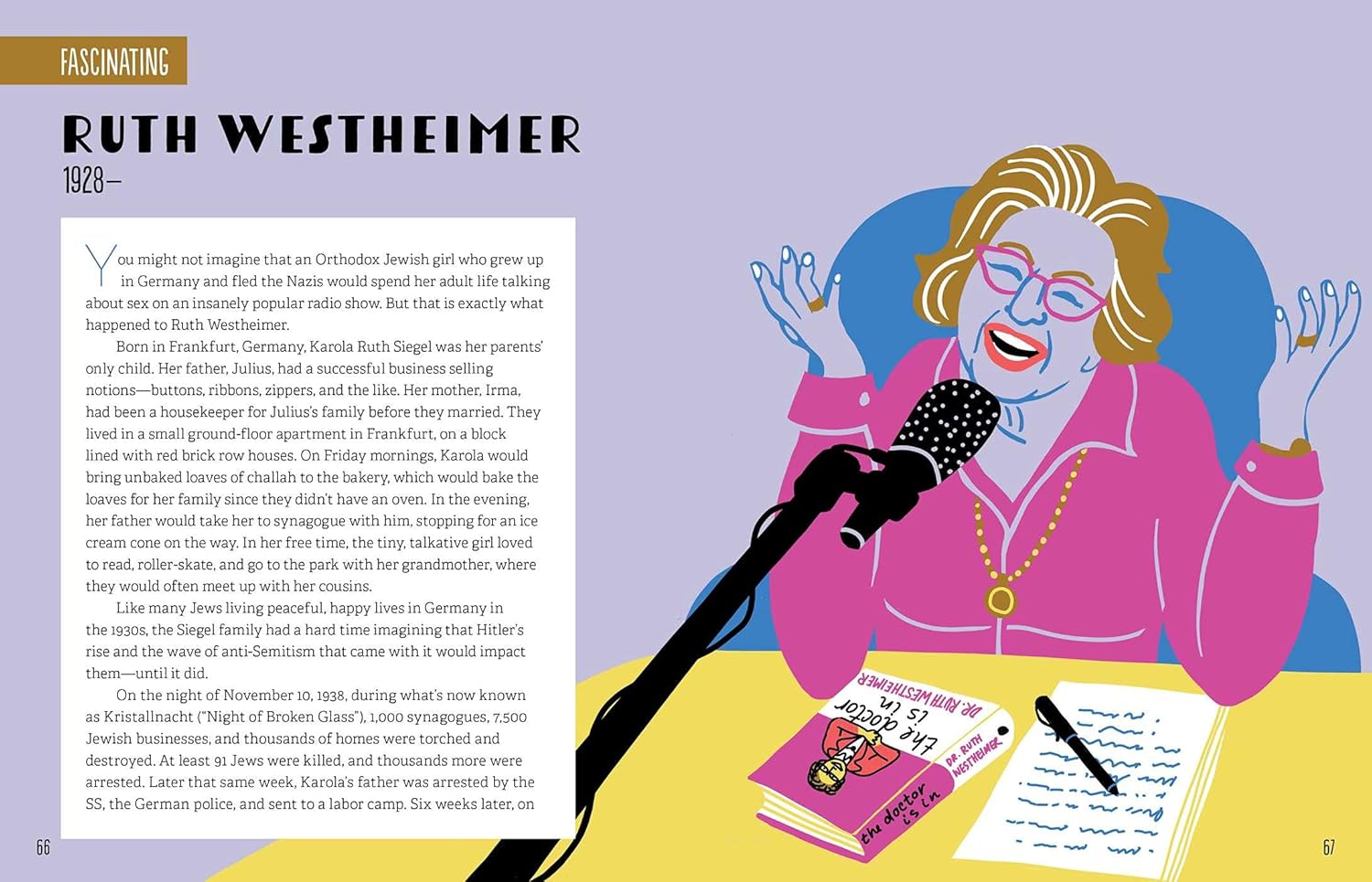 Illustration of Ruth Westheimer at a desk with a microphone, book, and notebook.