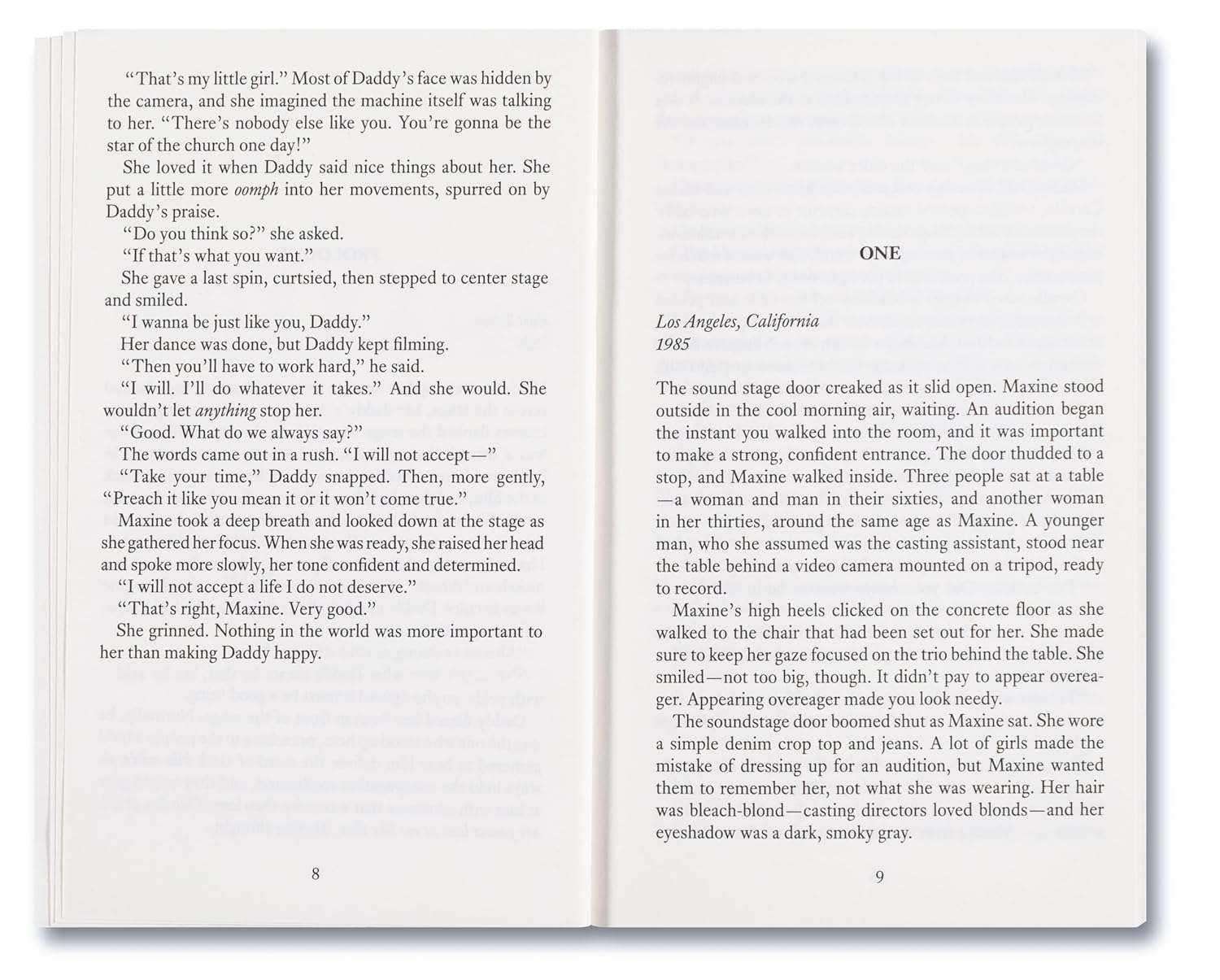 Open book with text on a white background. Dive into MaXXXine: The Novel, where Maxine Minx battles a killer in 1980s Hollywood. Experience the horror and glamour in this gripping adaptation by Tim Waggoner.