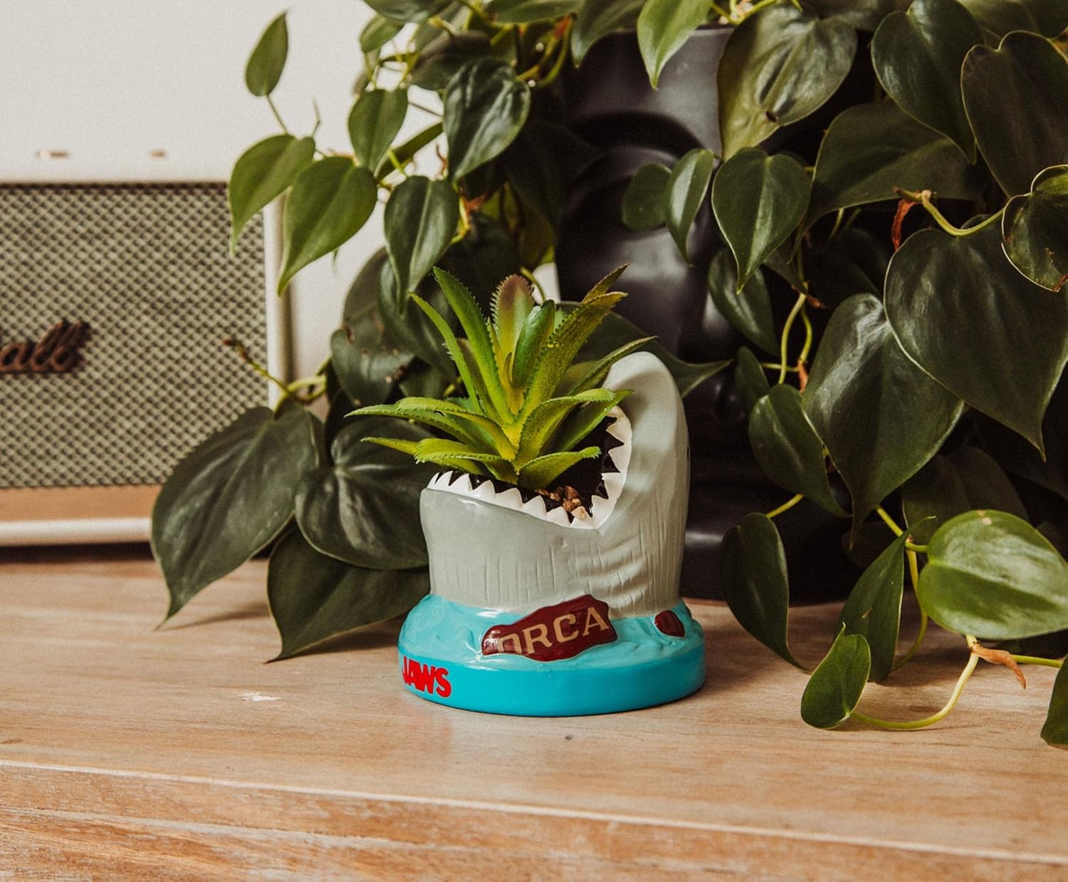 Shark-shaped planter with a plant on a wooden surface, surrounded by greenery. Transform your decor with the Jaws Shark Ceramic Mini Planter! This adorable piece showcases a succulent, combining movie magic with effortless style.