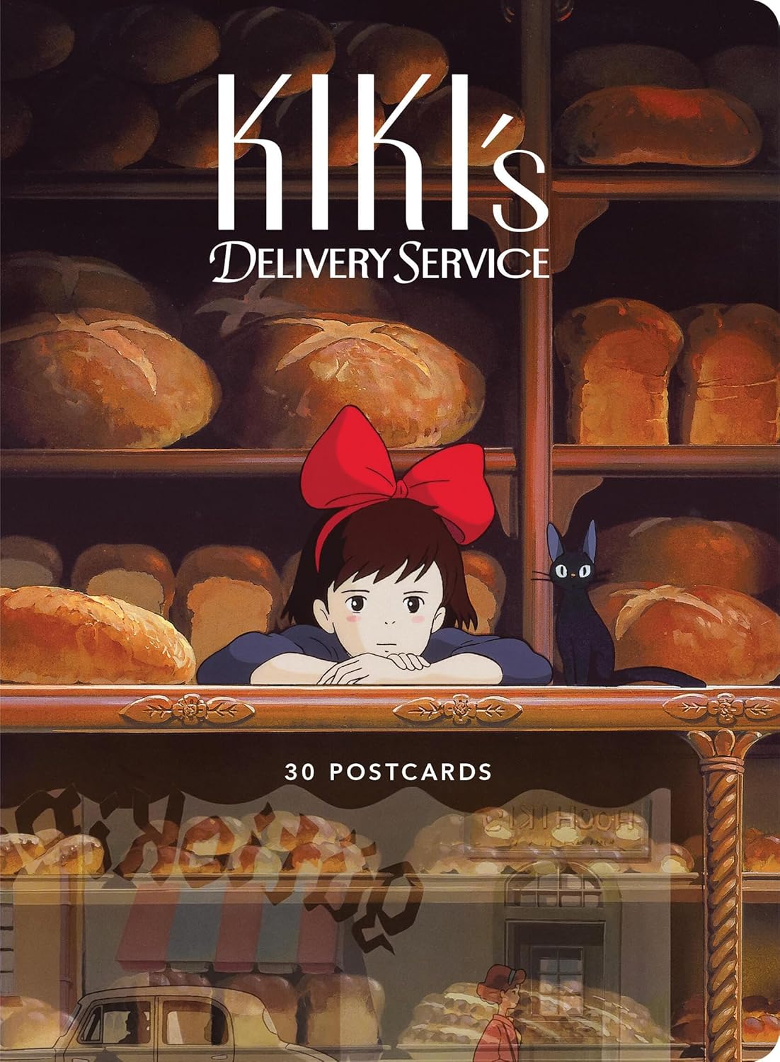 Kiki's Delivery Service postcard book with an illustration of a girl and a black cat behind a bakery counter. Discover the magic of Studio Ghibli with Kiki's Delivery Service: 30 beautifully hand-drawn postcards celebrating Miyazaki's enchanting artistry.