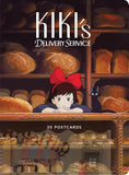 Kiki's Delivery Service postcard book with an illustration of a girl and a black cat behind a bakery counter. Discover the magic of Studio Ghibli with Kiki's Delivery Service: 30 beautifully hand-drawn postcards celebrating Miyazaki's enchanting artistry.