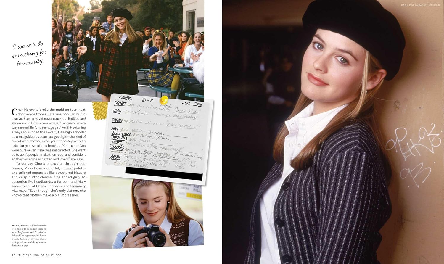 Person in graduation attire with a collage of images and text on the left. Alicia Silverstone as Cher in Clueless (1995). The Fashion of Clueless (1995) Anniversary Edition Movie Costume & Makeup Book from The Academy Museum Store Los Angeles.