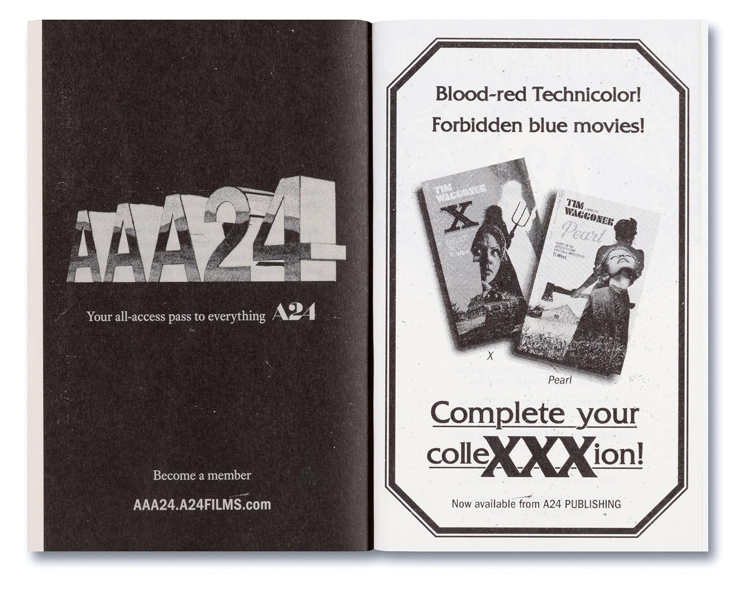 Open book showing A24 promotional material with movie posters and text. Dive into MaXXXine: The Novel, where Maxine Minx battles a killer in 1980s Hollywood. Experience the horror and glamour in this gripping adaptation by Tim Waggoner.