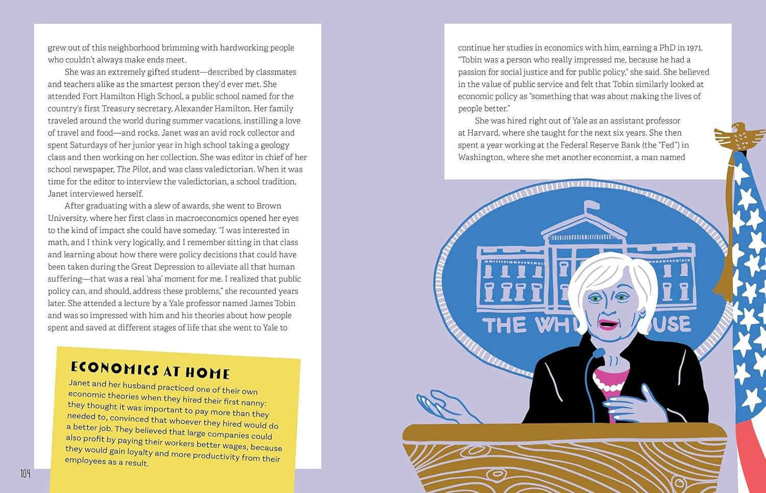 Illustration of a woman at a podium with the White House emblem in the background